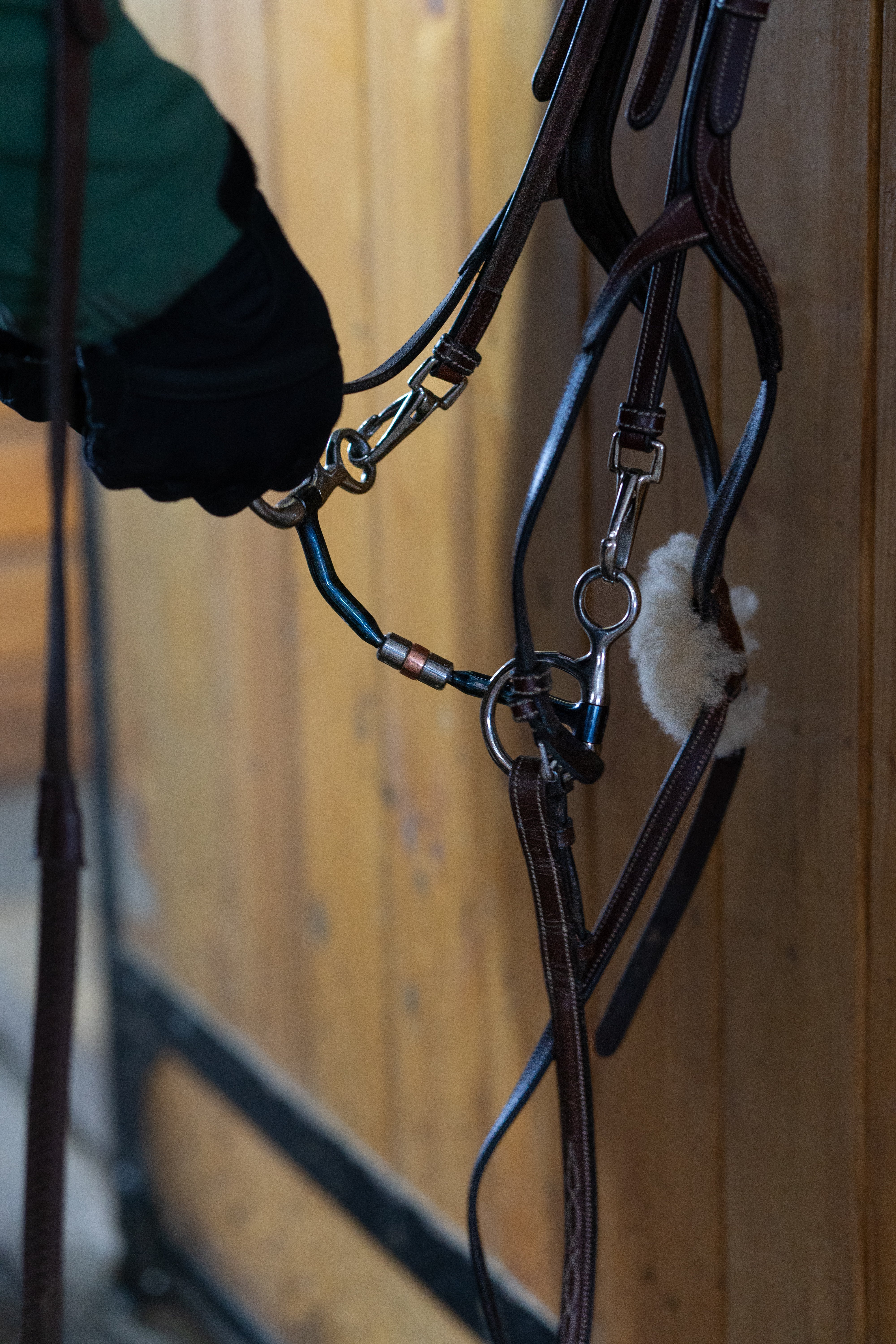 Sweet iron bit on bridle hanging in tack room with sheepskin noseband cover